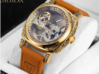 SKROX Original Transparent Skeleton Automatic Clockwork Mechanical Man Gold Watch Top Brand Luxury Rare Elegant Wristwatch reloj